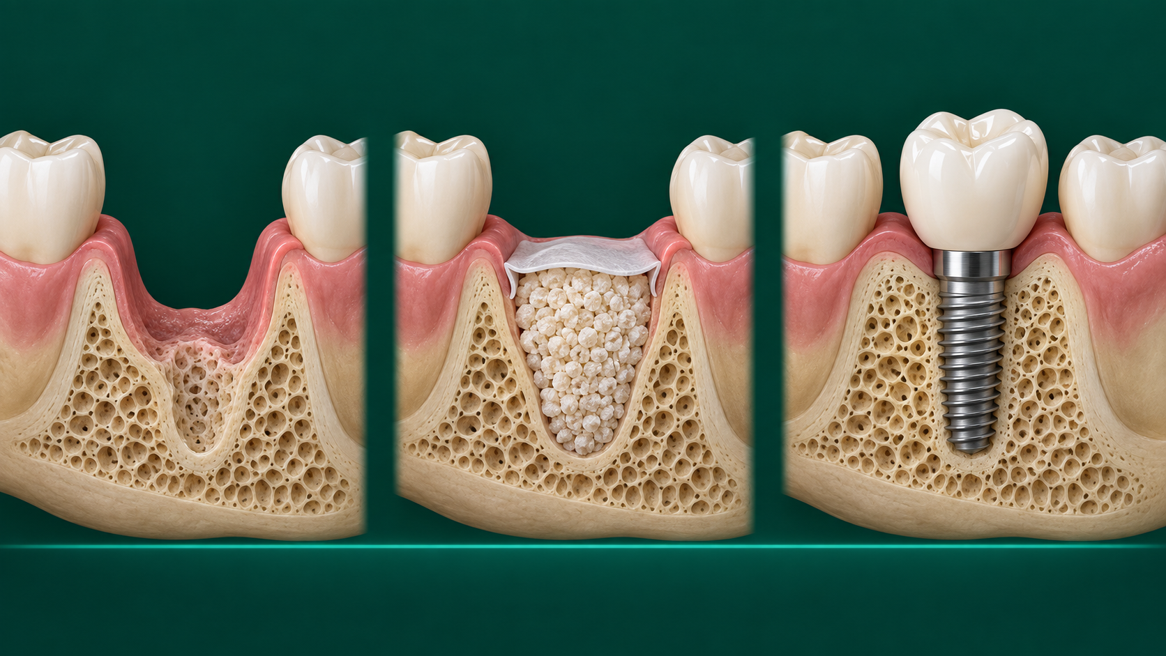 Three-stage cross-section of a jaw socket before grafting, packed with bone graft, and healed with a dental implant — Sage Dental NJ, Wall Township